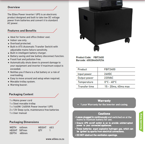 Ellies 1440 W/2400 VA Inverter Kit with Trolley - HomeAfford