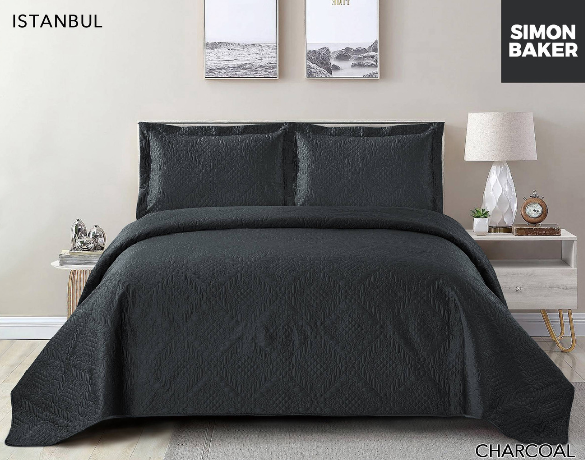 Simon Baker - Istanbul Luxury Bedspread set-Charcoal/Queen - HomeAfford